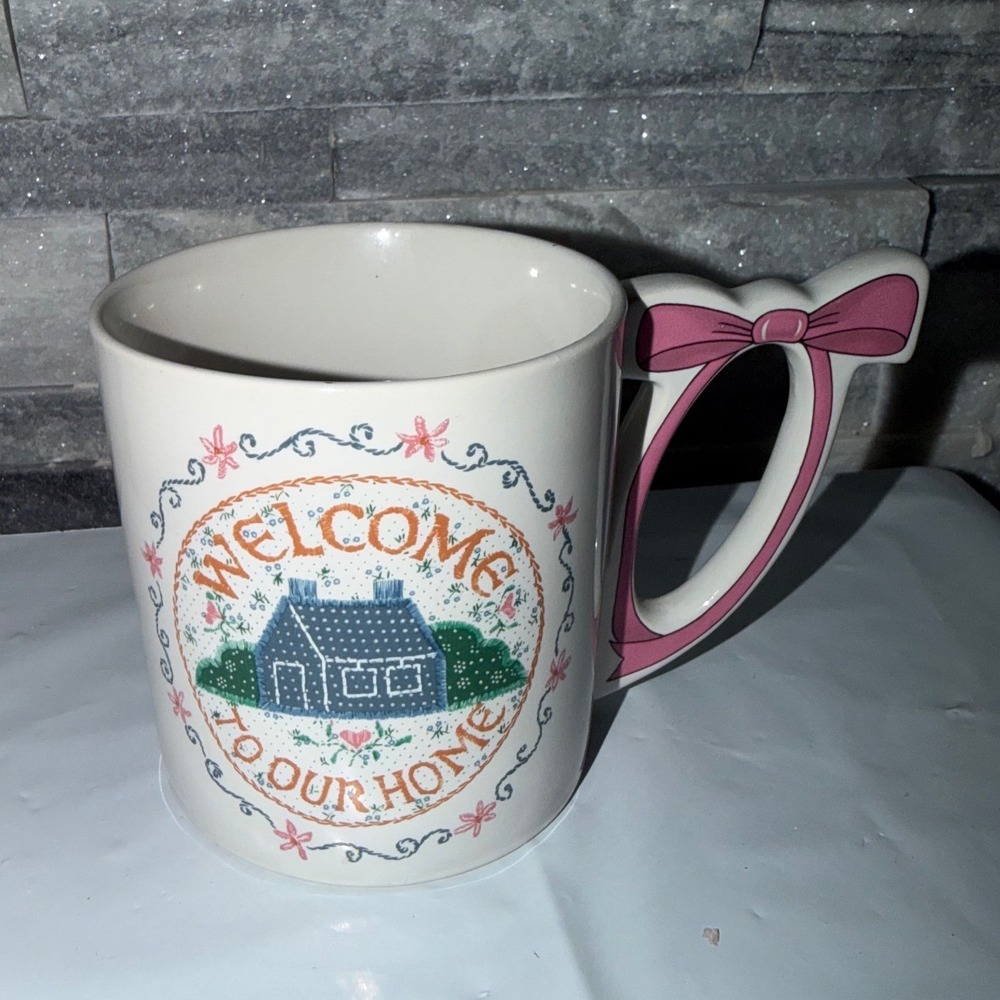 Vintage Welcome To Our Home Coffee Mug Pink Bow Handle Japan Cottagecore Ceramic
